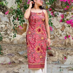 DARK PEACH FLORALS LONG STRAIGHT KURTI