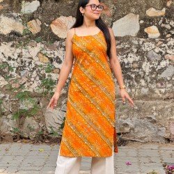 MUSTARD BANDHEJ GOLDEN FOIL LONG STRAIGHT KURTI