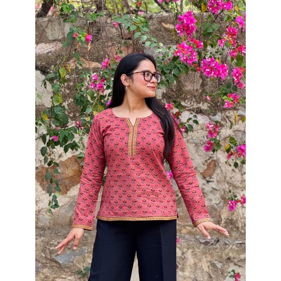 DARK PEACH LITTLE MOTIFS SUPER SHORT STRAIGHT KURTI DARK PEACH LITTLE MOTIFS SUPER SHORT STRAIGHT KURTI