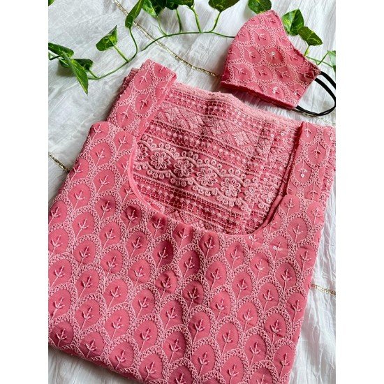 PINK CHIKANKARI LONG STRAIGHT KURTI